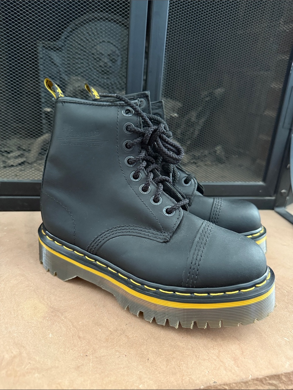 VTG 90s Dr. Martens 8265 MIE Cap Toe Black Lace-Up Combat Boots Yellow Sole UK 5